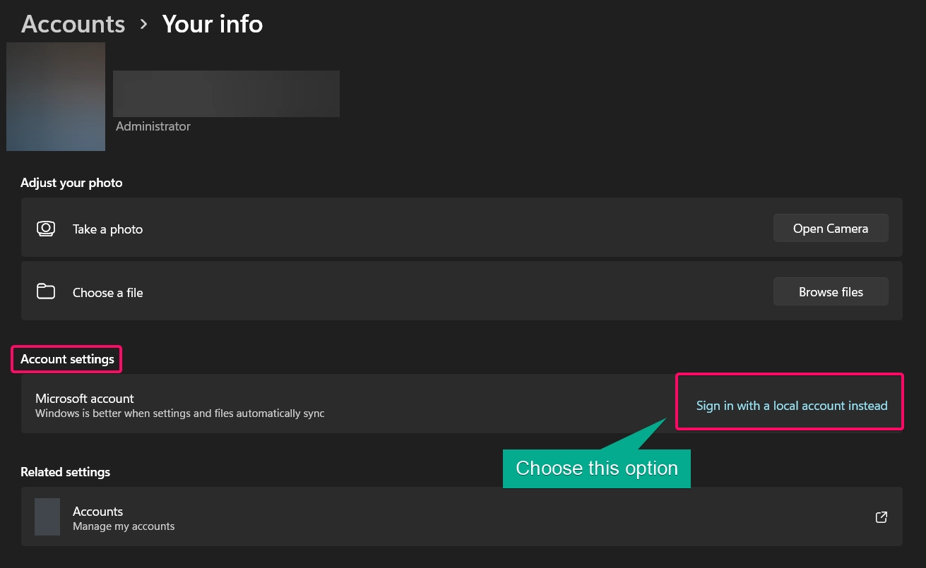 Choosing the Sign in with a local account instead option