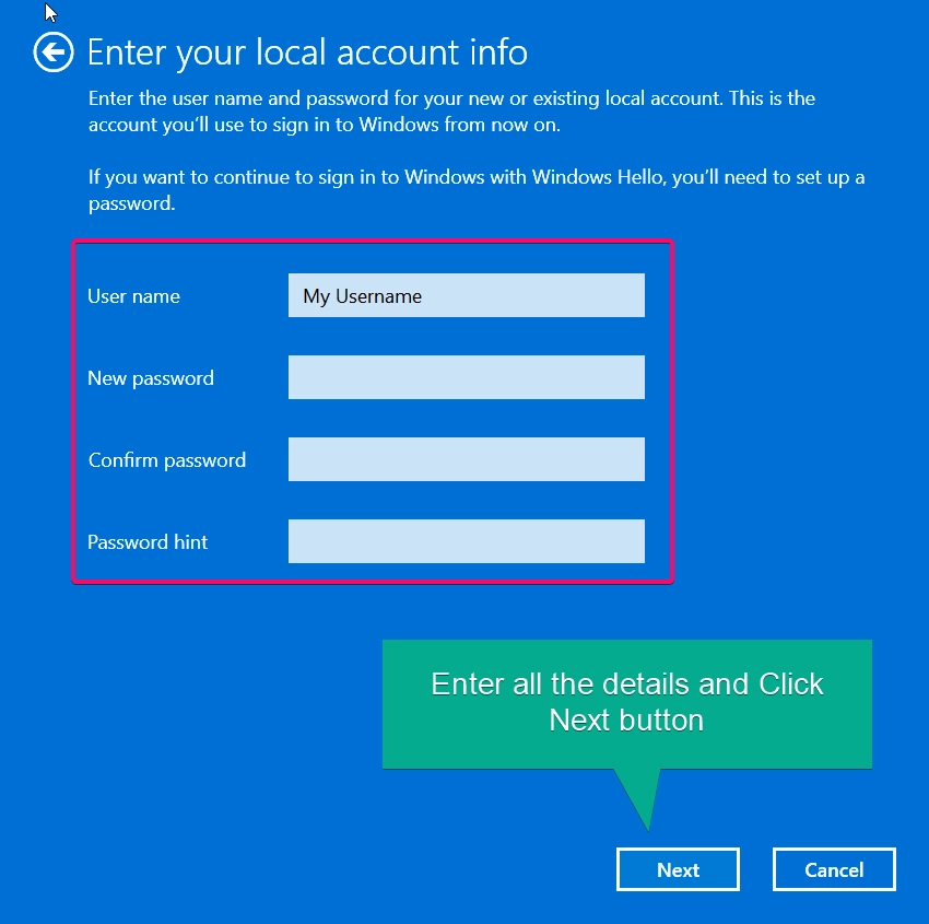 Enter your local account information and click Next button