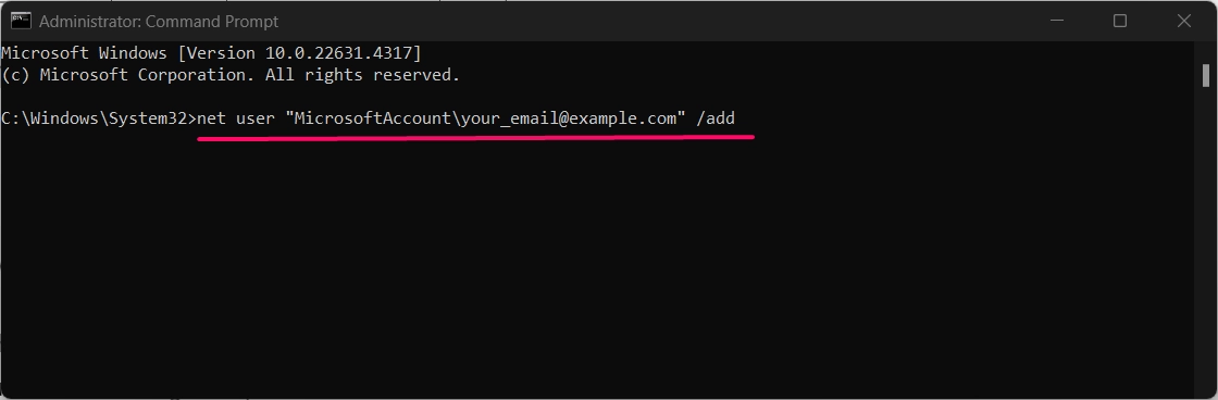 Entering command to add microsoft login email details 