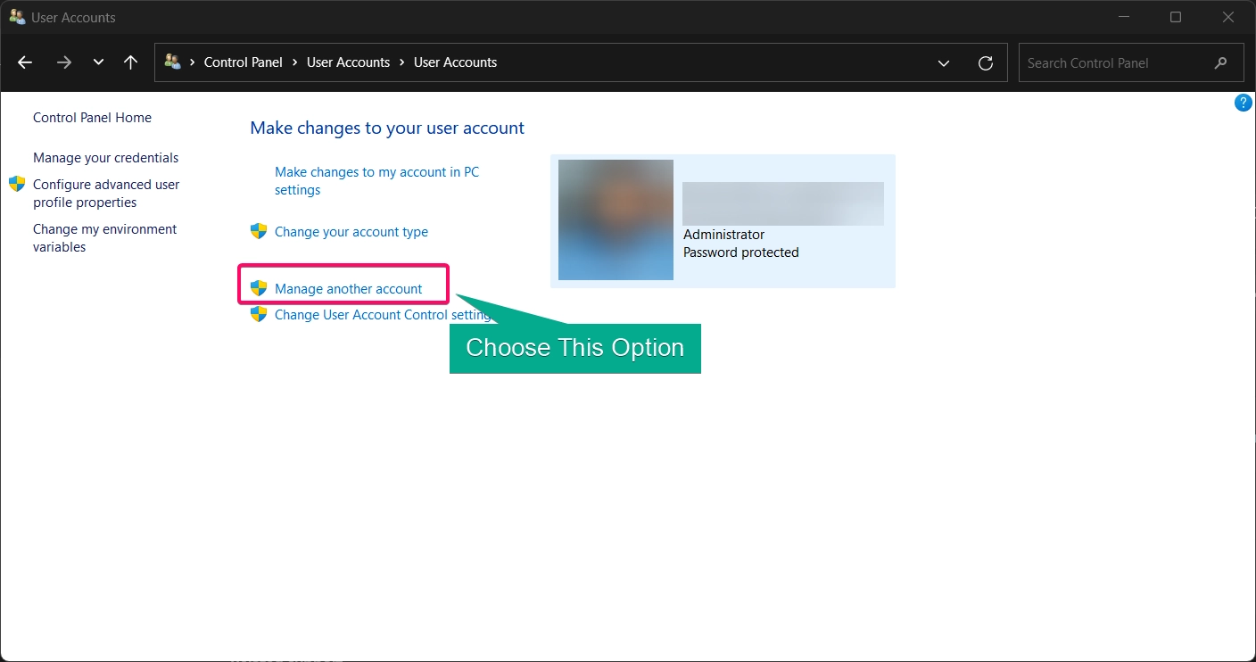 Choose Manage Another Account options