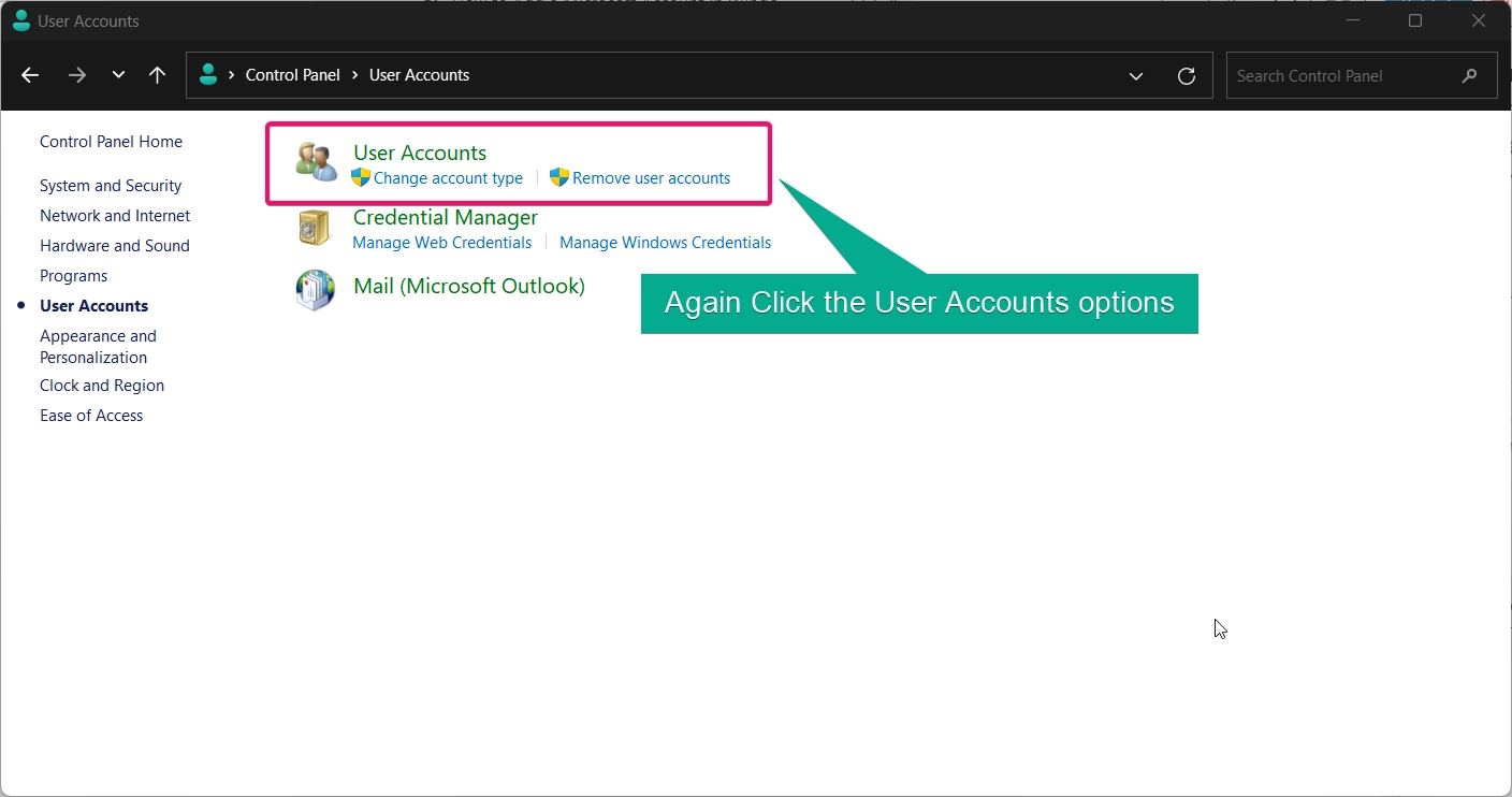 Again choose the User Accounts Options